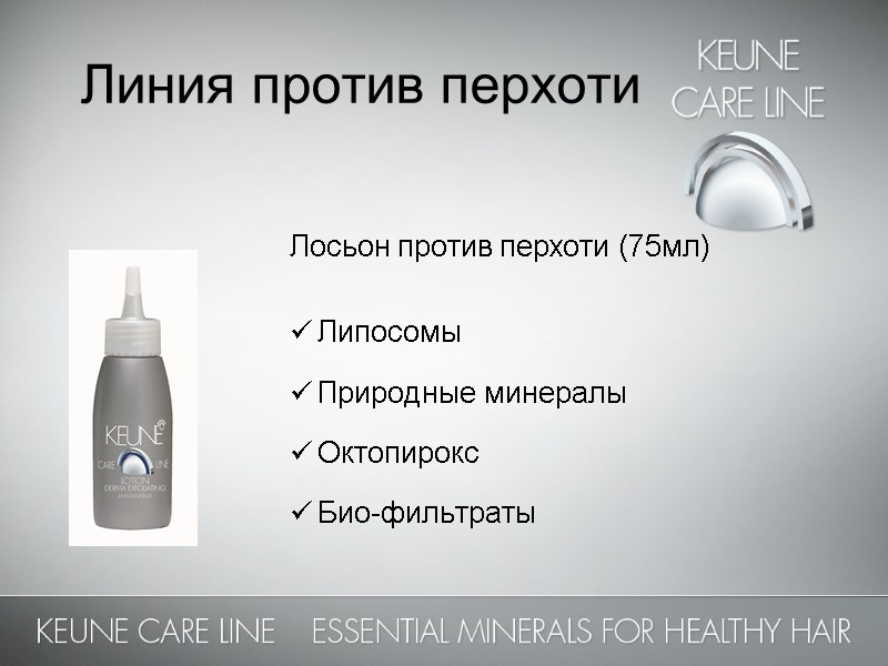 Лосьон против перхоти (75мл)  Липосомы  Природные минералы  Октопирокс  Био-фильтраты 